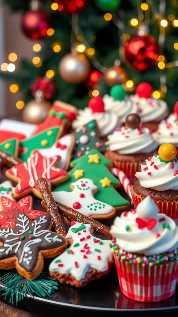 Festive Christmas Desserts Kids Will Love A variety of Christmas desserts including sugar cookies, chocolate-covered pretzels, and festive cupcakes on a holiday-themed table.